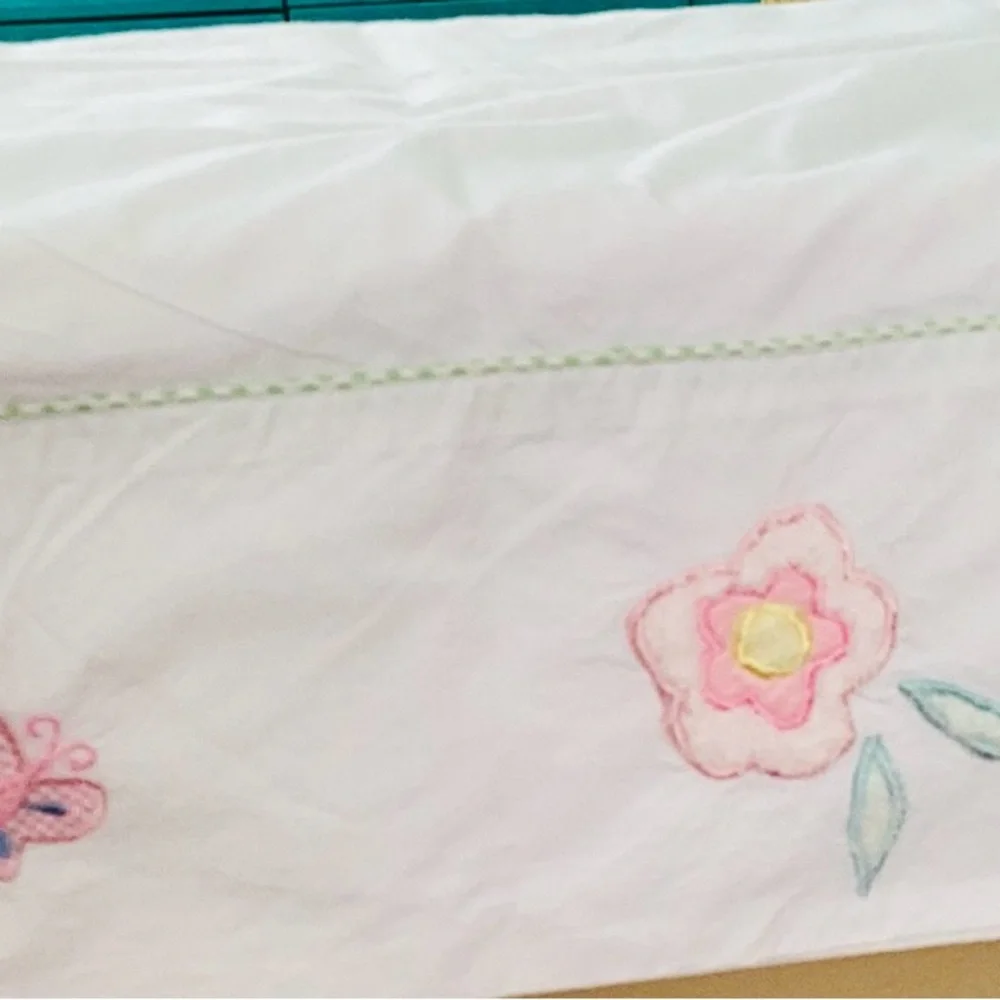 Deadstock FLAT SHEET Butterfly Appliqué Flowers 100% Cotton 66” X  96”